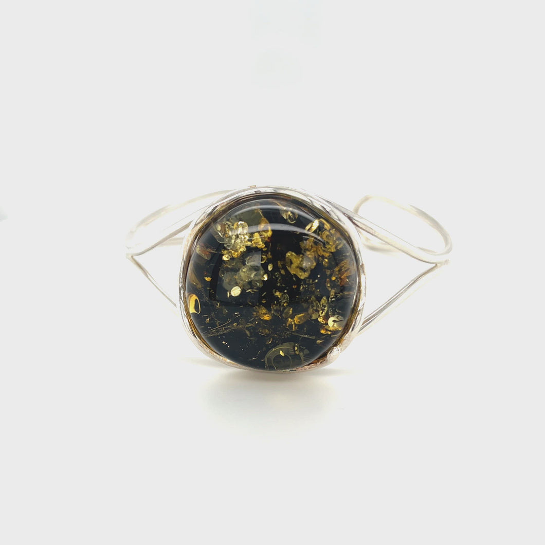 Sterling Silver And Round Green Amber Cuff Bangle