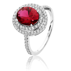 Silver CZ Double Halo Red And White Oval CZ Ring