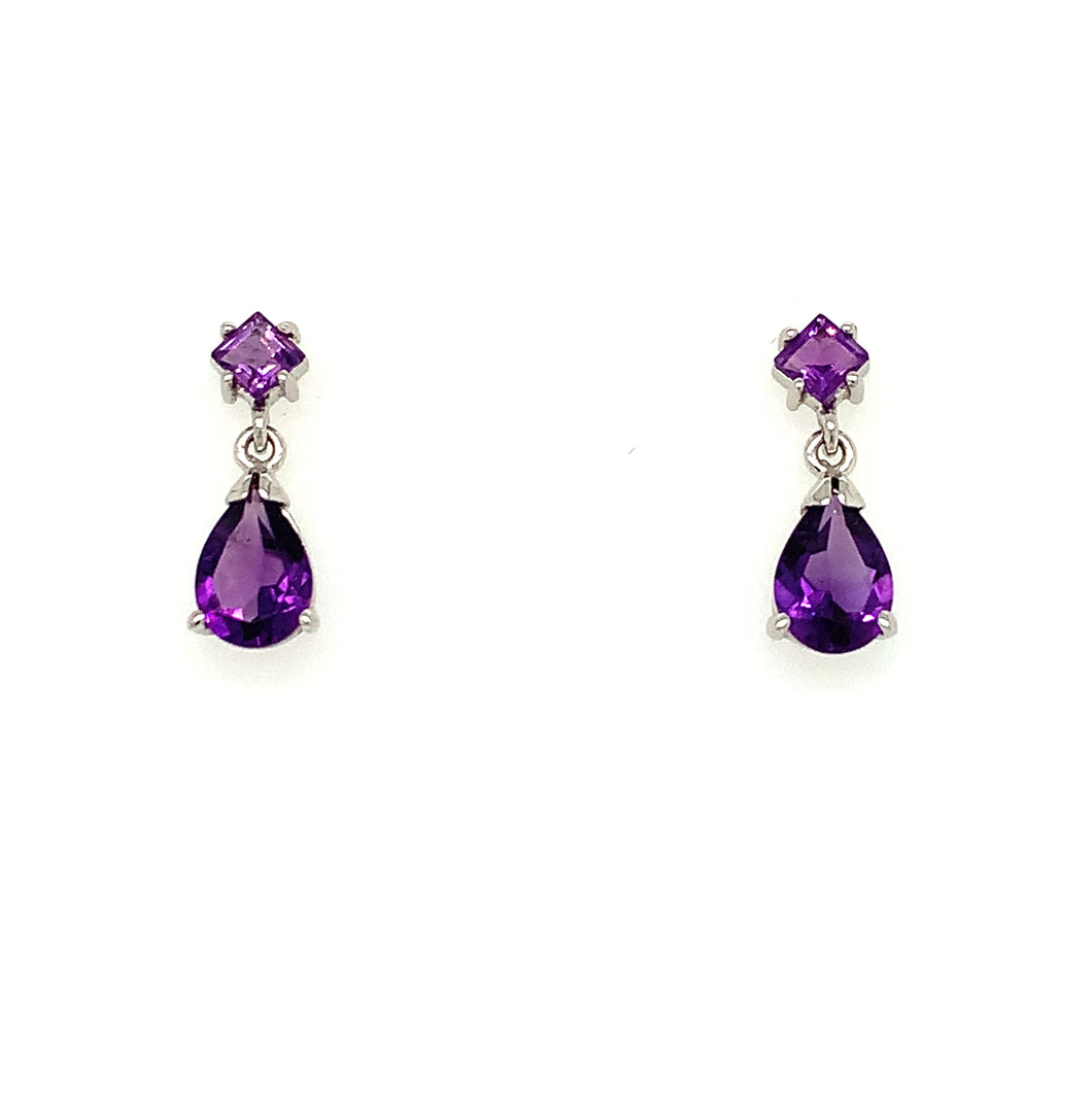9ct White Gold Pear And Square Shaped Amethyst Earrings