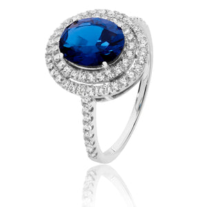 Silver CZ Double Halo Blue And White Oval CZ Ring