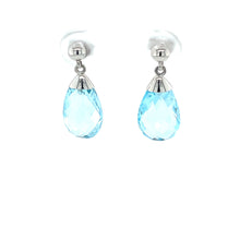 Load and play video in Gallery viewer, 9ct White Gold Briolette Blue Topaz Drop Earrings
