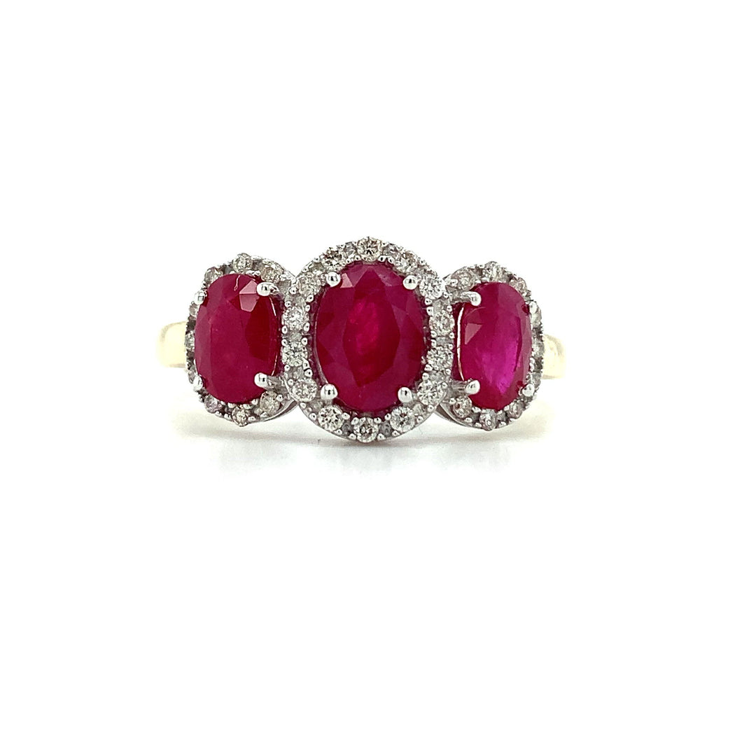 9ct Yellow Gold Ruby And Diamond Triple Oval Cluster Ring