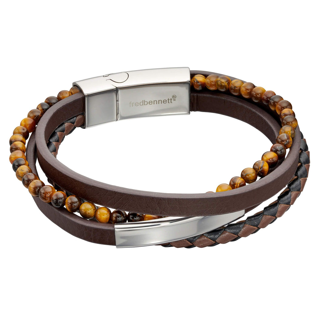 Reborn Multi Row Recycled Brown Leather Bracelet With Stainless Steel ID Bar And Tigers Eye Beads