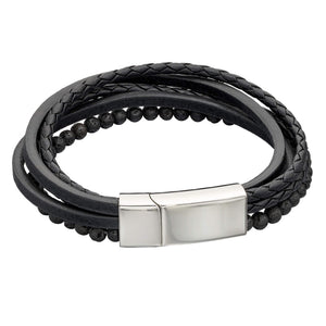 Reborn Multi Row Recycled Black Leather Bracelet With Lava Beads