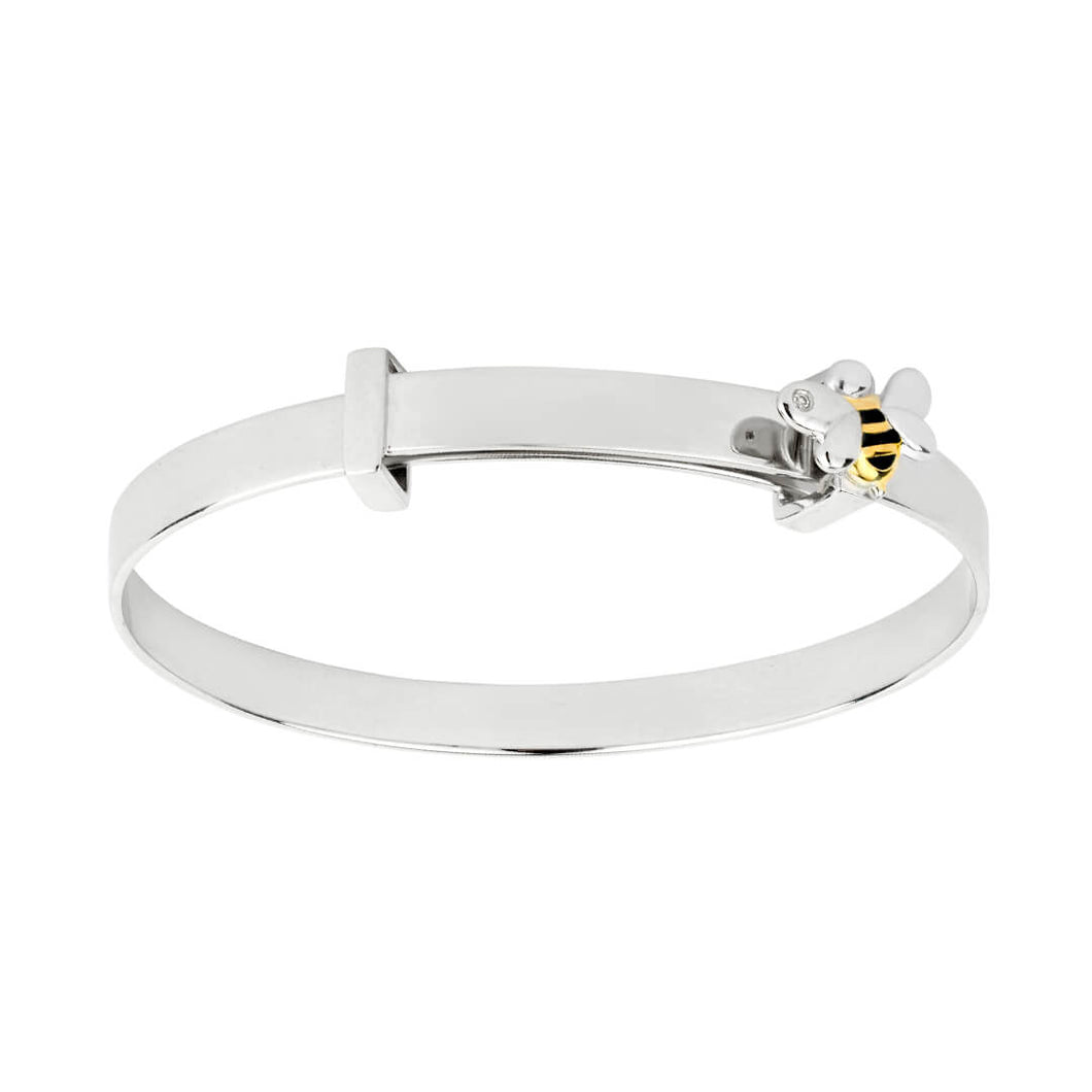 Recycled Silver Expandable Bee Bangle With Yellow Gold Plating, Enamel And Diamond
