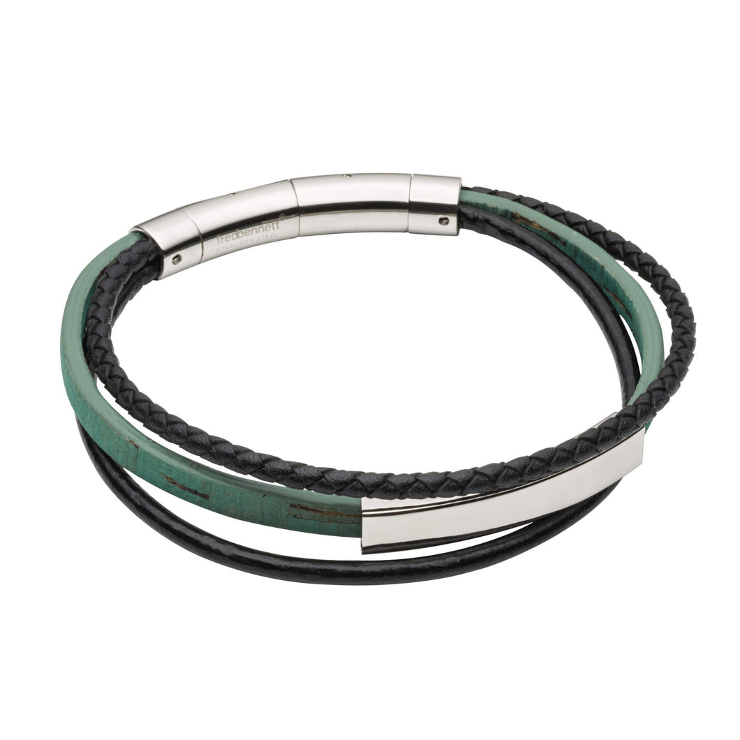 Multi Row Green Cork And Black Recycled Leather Bracelet