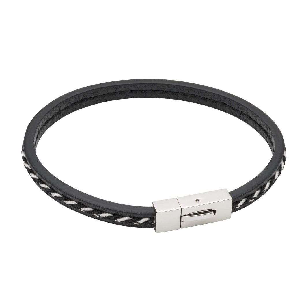 Black Recycled Leather Bracelet With Cord Detail