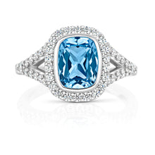 Load image into Gallery viewer, Halo Style Ring With Split Shoulder 9x7mm Pale Blue Cushion Cut Centre
