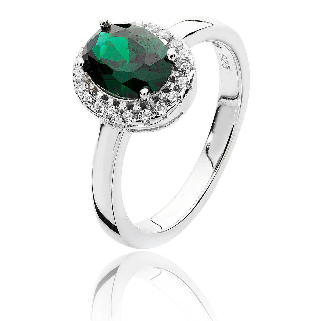 Silver CZ Halo Green And White Oval CZ Ring