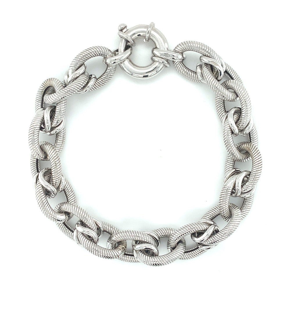 Sterling Silver Rhodium Plated Textured Round Oval Belcher Bracelet