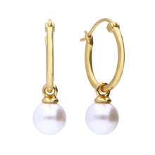Load image into Gallery viewer, White Shell Pearl Dangle Hoop Earrings Gold Plated
