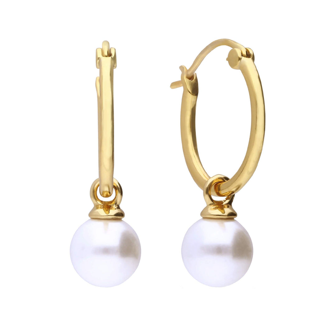 White Shell Pearl Dangle Hoop Earrings Gold Plated