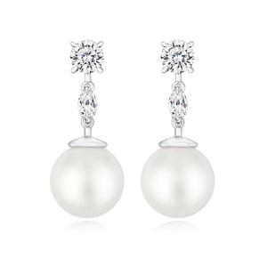 Pearl Drop Earrings 10mm Pearl With Claw Set Round And Marquise Cuts