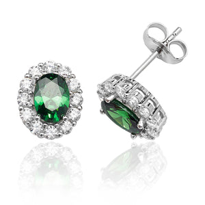 Silver Green And White Oval Cluster CZ Studs