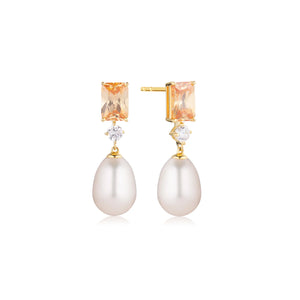 Earrings Gallatina - 18K Plated With Freshwater Pearl And Champagne Cubic Zirconia