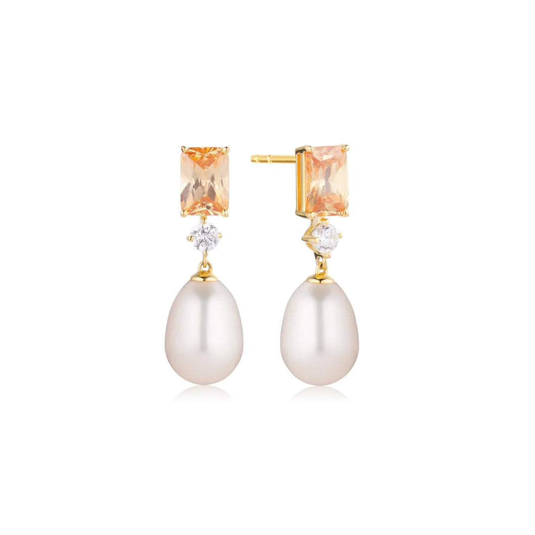 Earrings Gallatina - 18K Plated With Freshwater Pearl And Champagne Cubic Zirconia