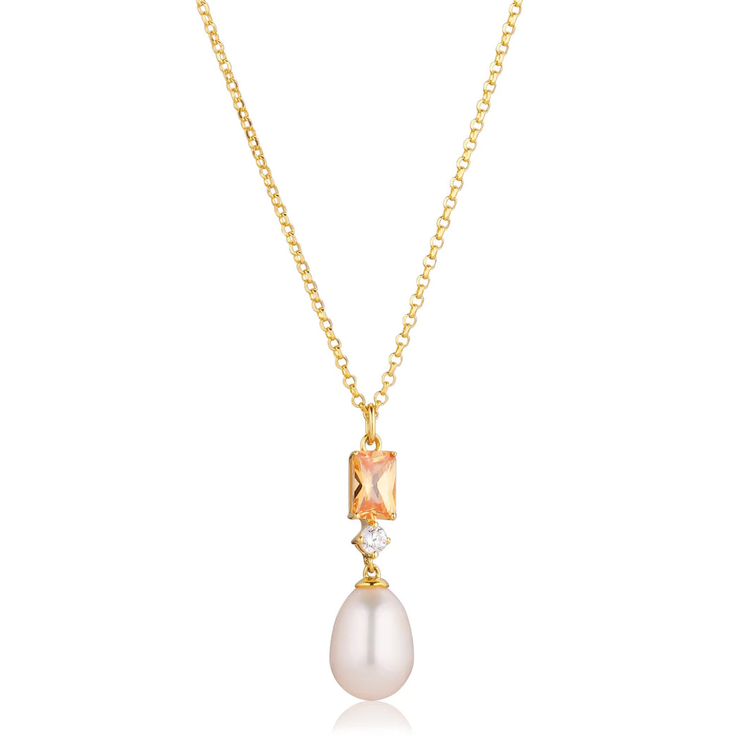 Necklace Gallatina - 18K Plated With Freshwater Pearl And Champagne Cubic Zirconia