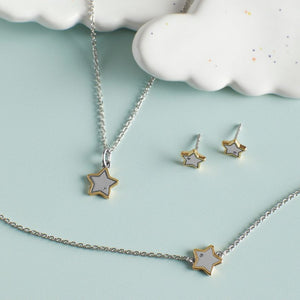 Recycled Silver Star Necklace With Yellow Gold Plated Detail And Diamond