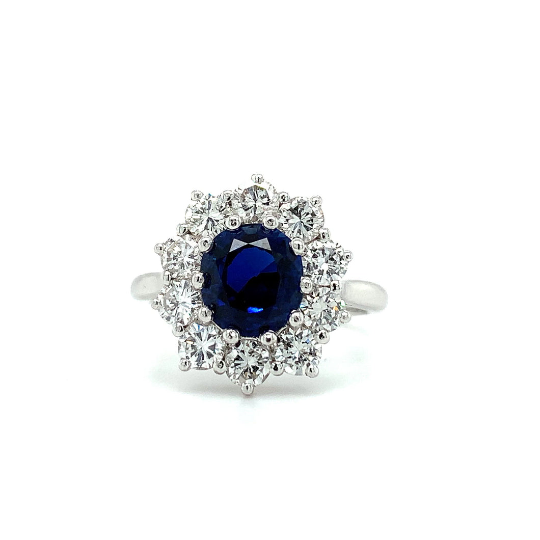 18ct White Gold Oval Sapphire And Diamond Cluster Ring