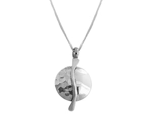 Hammered And Polished Circle With Wave Bar Pendant With Chain