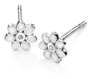 White Enamel Daisy Stud Earrings With Diamonds