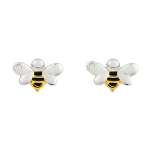 Recycled Silver Bee Stud Earrings With Yellow Gold Plating, Enamel And Diamond