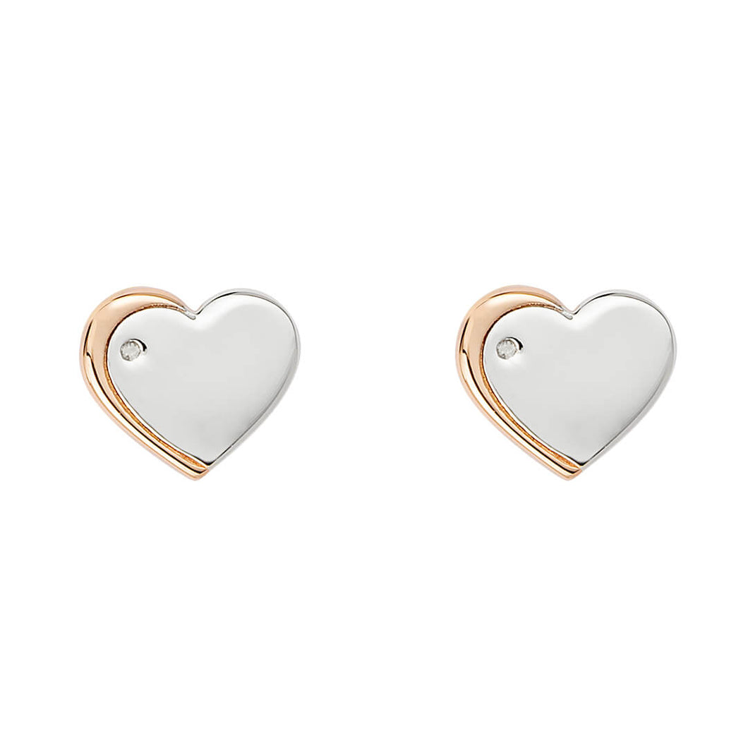 Recycled Silver Heart Stud Earrings With Rose Gold Plated Detail And Diamond