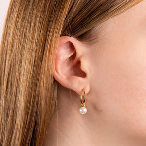 White Shell Pearl Dangle Hoop Earrings Gold Plated