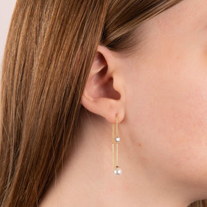 Gold Plated Pull Through Chain Drop Earrings With Shell Pearl And Cubic Zirconia