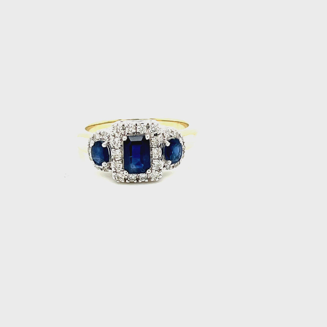 9ct Triple Sapphire And Diamond Cluster Ring