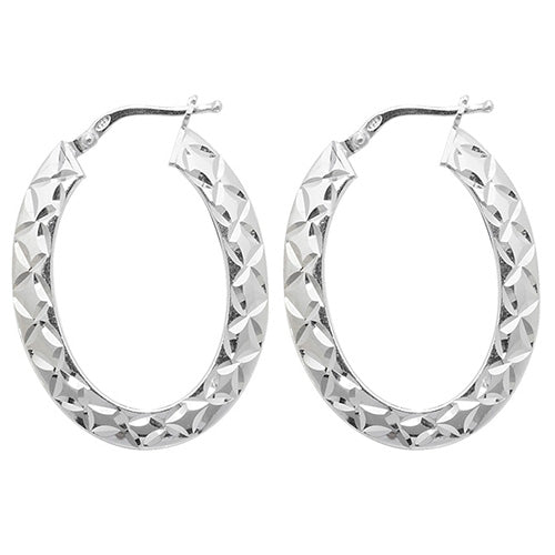 Silver Diamond Cut Oval Hoop Earrings