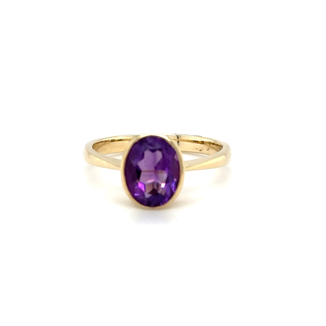 9ct Yellow Gold Oval Faceted Amethyst Rub Over Setting Ring