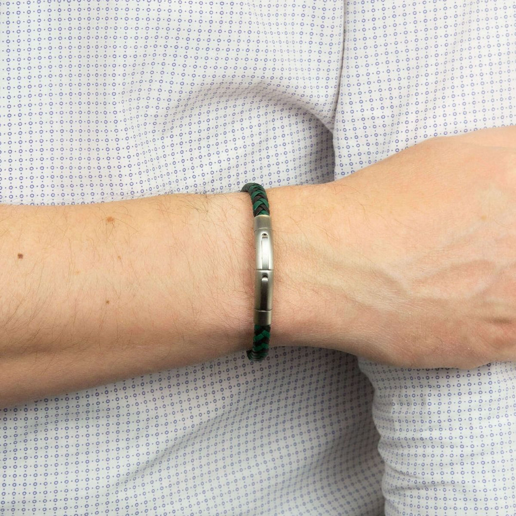 Reborn Black And Forest Green Plaited Recycled Leather Bracelet
