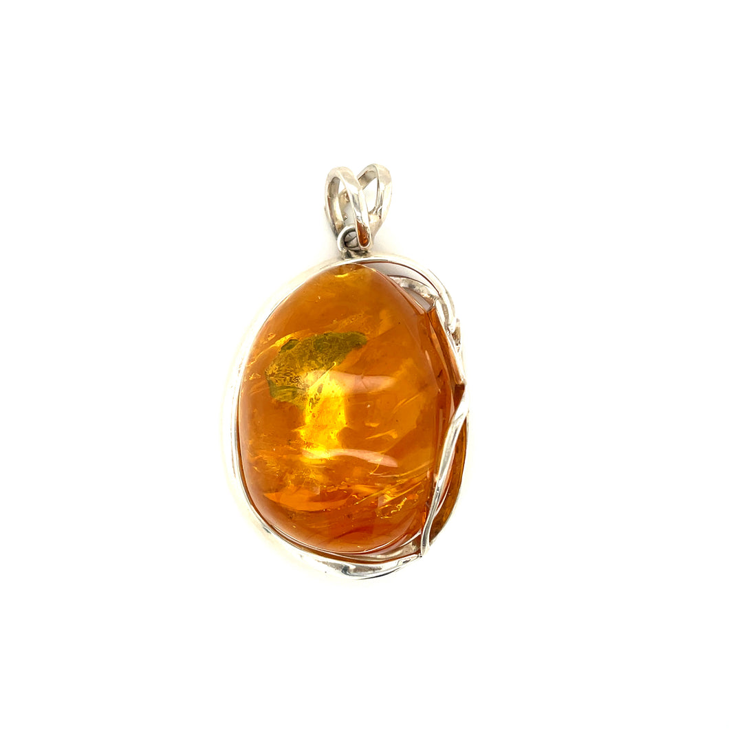 Sterling Silver Large Oval Amber Pendant
