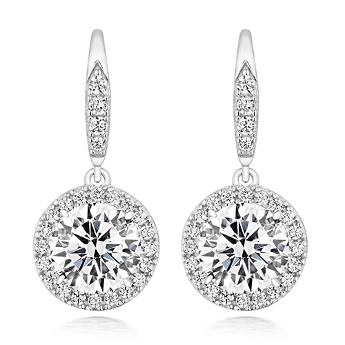 Halo Style Round Cubic Zirconia Drop Earrings