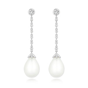 Cubic Zirconia Set Chain Drop Earrings With Pearl