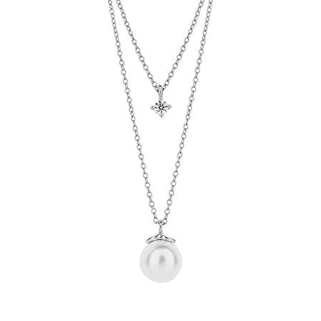 Double Chain Necklace with Shell Pearl and Diamond Shaped Diamonfire Zirconia