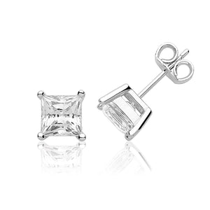 Silver Stud Earrings With Princess Cut Cubic Zirconia
