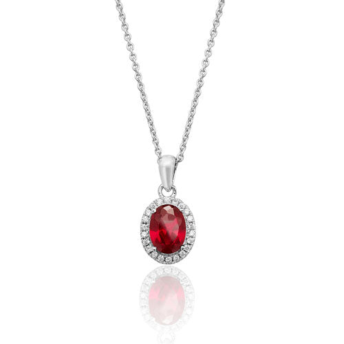 Silver Red And White Oval Halo Style CZ Pendant And Chain