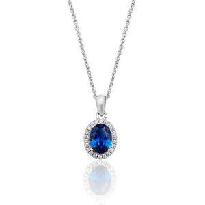 Silver Blue And White Oval Halo Style CZ Pendant And Chain