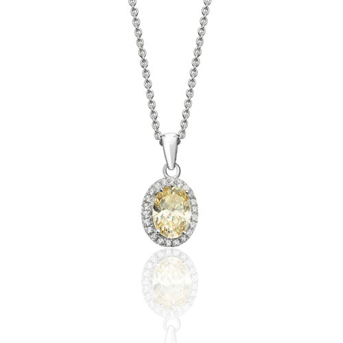 Silver Yellow And White Oval Halo Style CZ Pendant And Chain